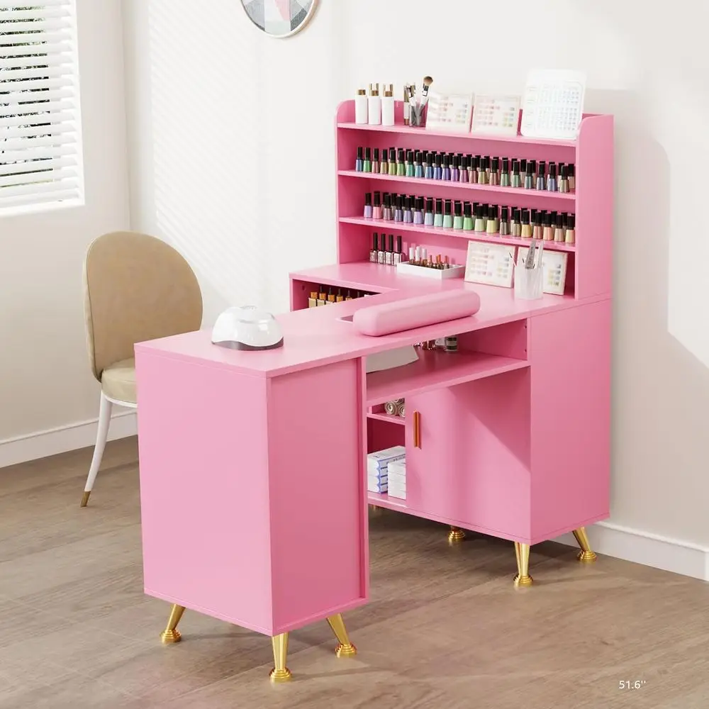 52 L-Shaped Manicure Table with Dust Collector, Polish Rack, Acrylic Resistant Top, Storage Cabinet, and Nail Snack Pink