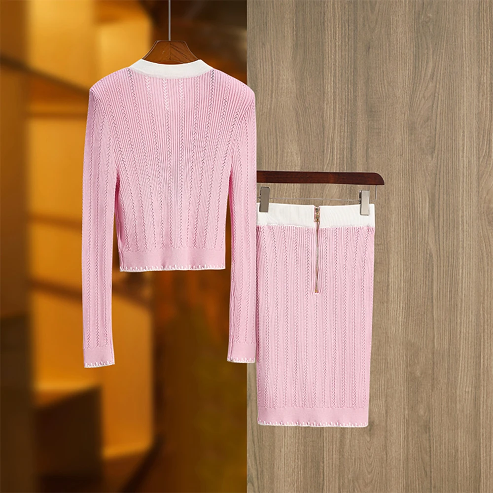 So Beautiful Spring Sweet Design Baby Pink Knitting 2PCS Sets Quality Sweater and Sheath Skirt Luxury Women Twin Sets