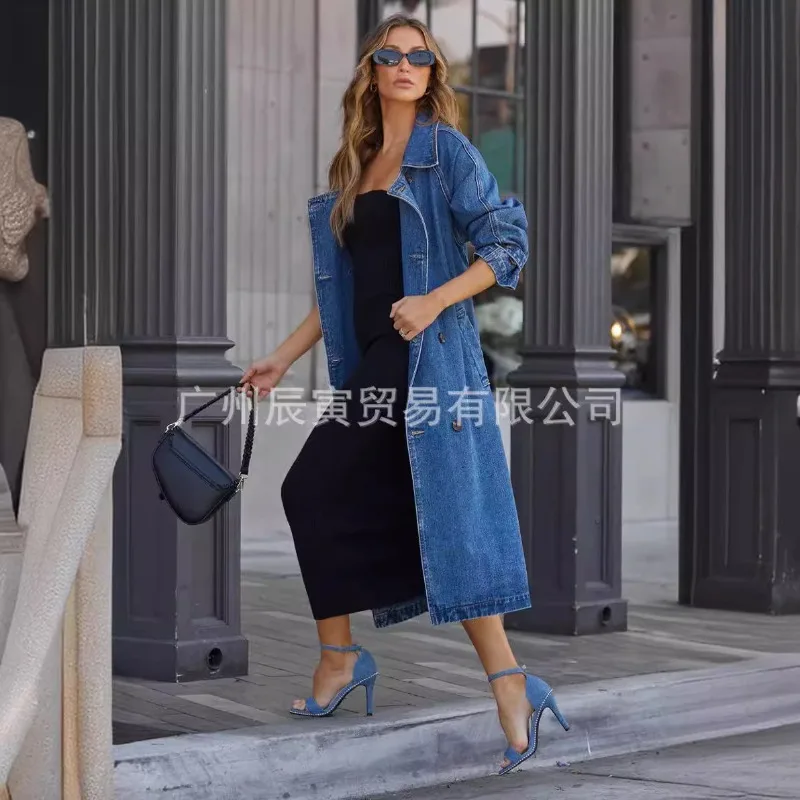New European and American Autumn and Winter Women's Trench Coat Denim Solid Color Double Pockets Long Button-down Loose Coat