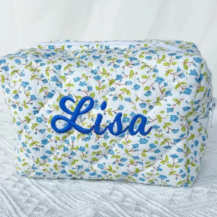 Personalized Embroidery Name, Floral Makeup Bag,Large Capacity Cotton Storage Toiletry Bag, Pencil Case, Checkered Toiletry Bag