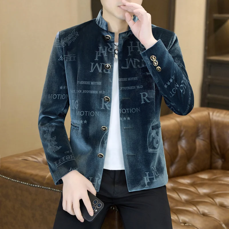 

Высококачественный модный и стильный мужской пиджак с воротником-стойкой из вельвета с длинными рукавами - подходит для всех сезонов.