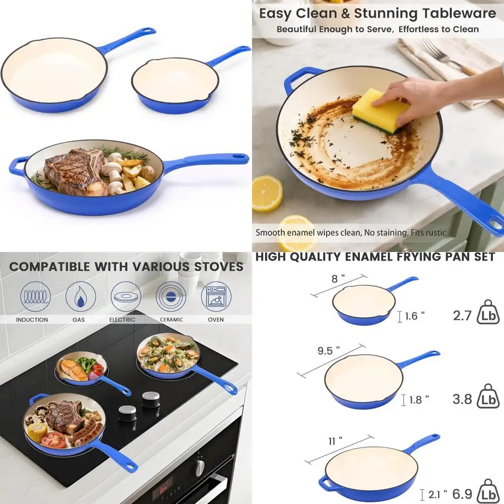 

Ceramic Coated Cast Iron Skillet Set - 8, 9.5, 11 Fry Pans, Compatible with Gas, Induction, Electric, Oven, 3 Sizes, Multi-Purpo