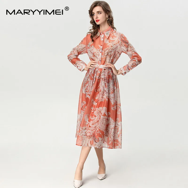 MARYYIMEI-Jupe trapèze en cristal à simple boutonnage pour femme, col rabattu imbibé, imprimé vintage, automne et hiver, ensemble 2 pièces