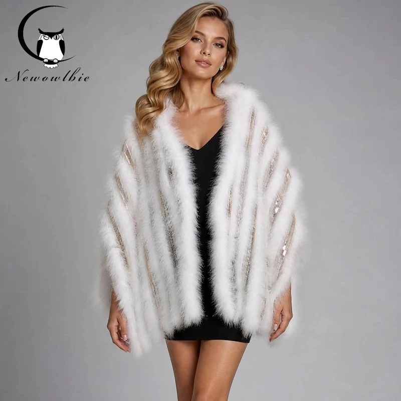 New white real fire chicken feather women's shawl, evening dress, luxurious jacket with transparent sequin design 50 * 200cm