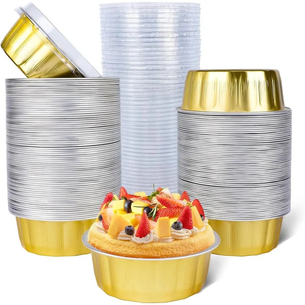 

Disposable Ekins with Lids, 120 Pack 8 oz 4 Inch Mini Gold Oil Creme Brulee Cups Small Round Cupcake Tart Pie Tins Pans Individu