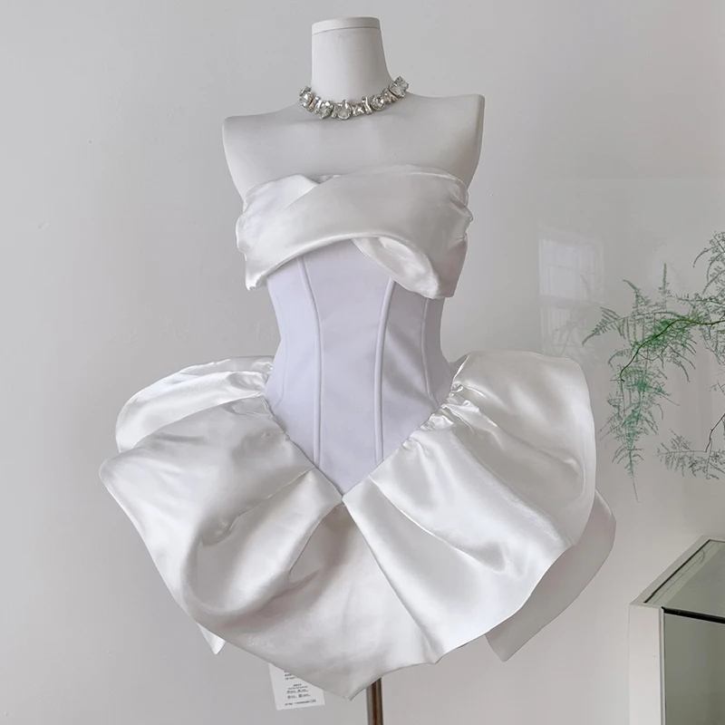 

Elegant Off-the-shoulder White Dress Luxury Strapless Tiered Ruffle Mini Dress Evening Party Fishbone Short Dress Vestidos Mujer