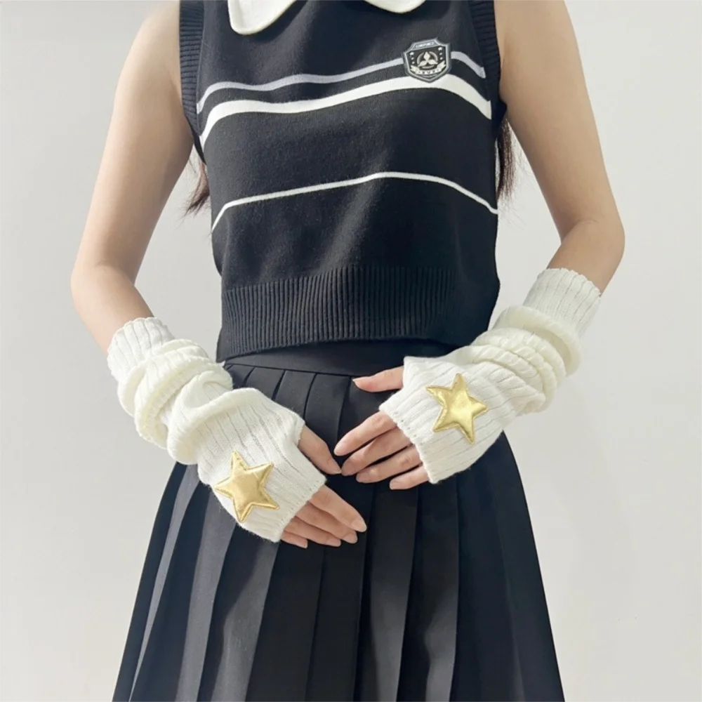 Guanti scaldamuscoli lunghi alla moda Manicotto caldo per braccio lavorato a maglia a prova di freddo con guanti senza dita con patch pentagramma Autunno Inverno