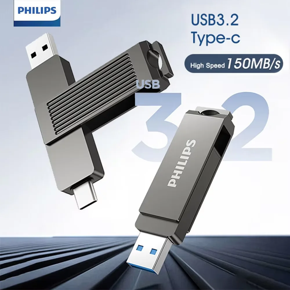 

Philips 2 IN 1 Type-C/USB Flash Drive 256GB 128GB 64GB 32GB 16GB 150MB/S High Speed Metal Pen Drive Memory Stick U Disk