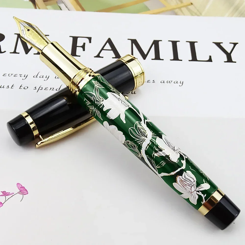 HongDian Metal Fountain Pen Hand-Drawing Green Flowers Iridium EF F Bent Nib Ink Pen Excellent Writing Gift Pen