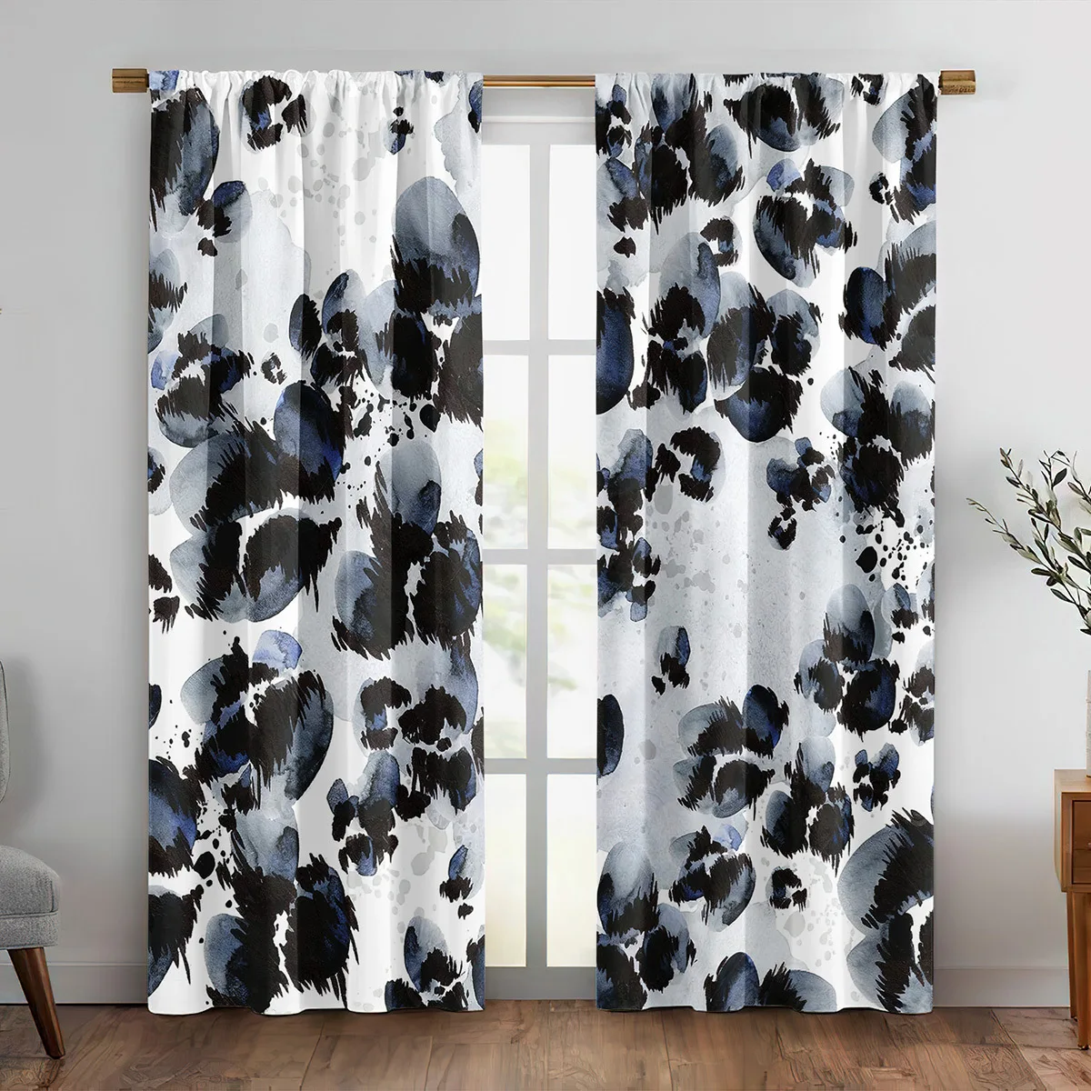 Modern Watercolor Abstract Curtain Panels Black Blue Splatter Print Window Curtains Home Decor Decoration Accent
