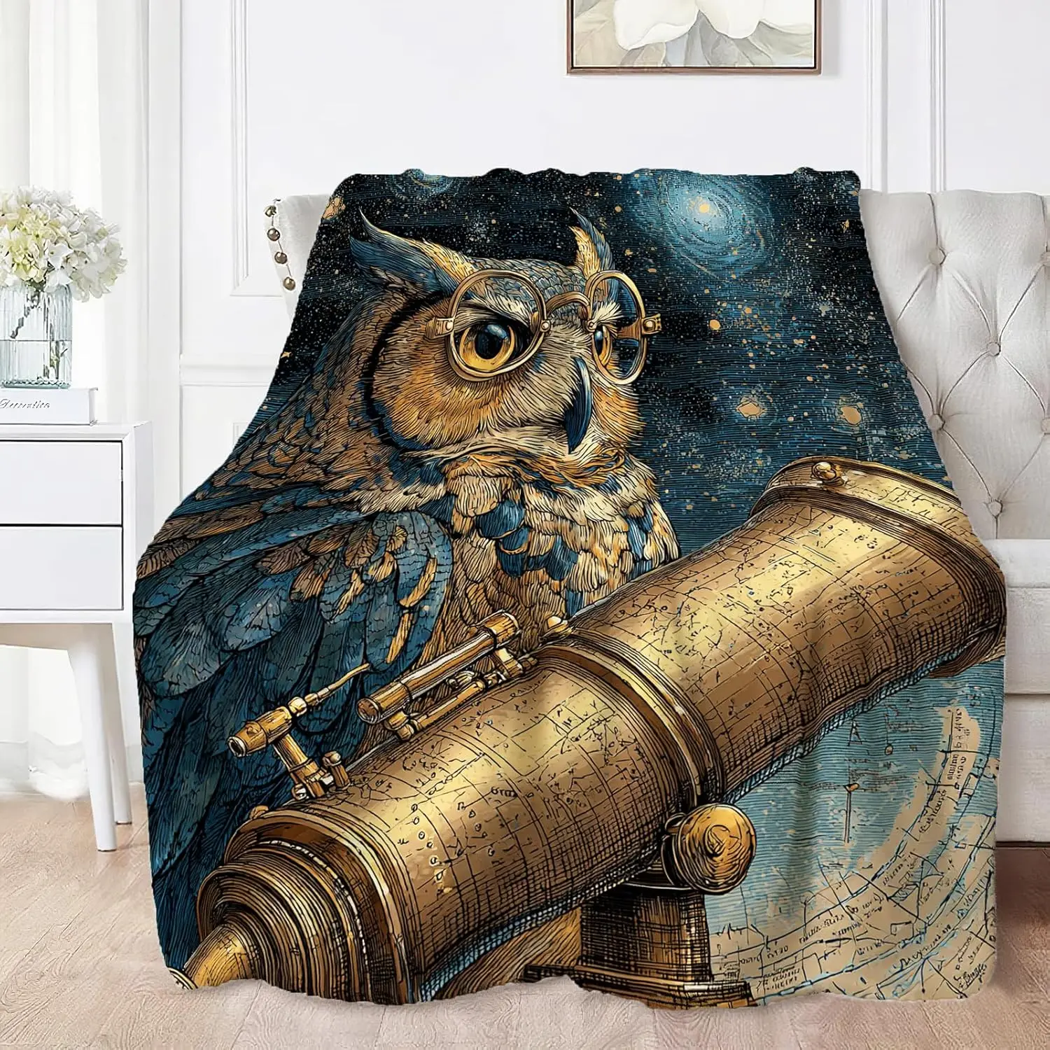 Celestial Astronomy Owl Telescope Throw Blanket Tapestry Starry Night Galaxy Constellation Home Decor Science Gift for Book Love