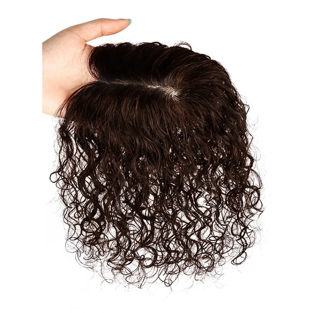 Middle Part Curly Human Hair Topper Clip in Silk Base Wiglet Hairpiece Forehead Hairline Replacement 8x10cm