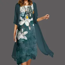 Temperament 2024 Spring/summer Leisure Women's New Dress Elegant Round Neck Lace Chiffon Irregular Cardigan dress set