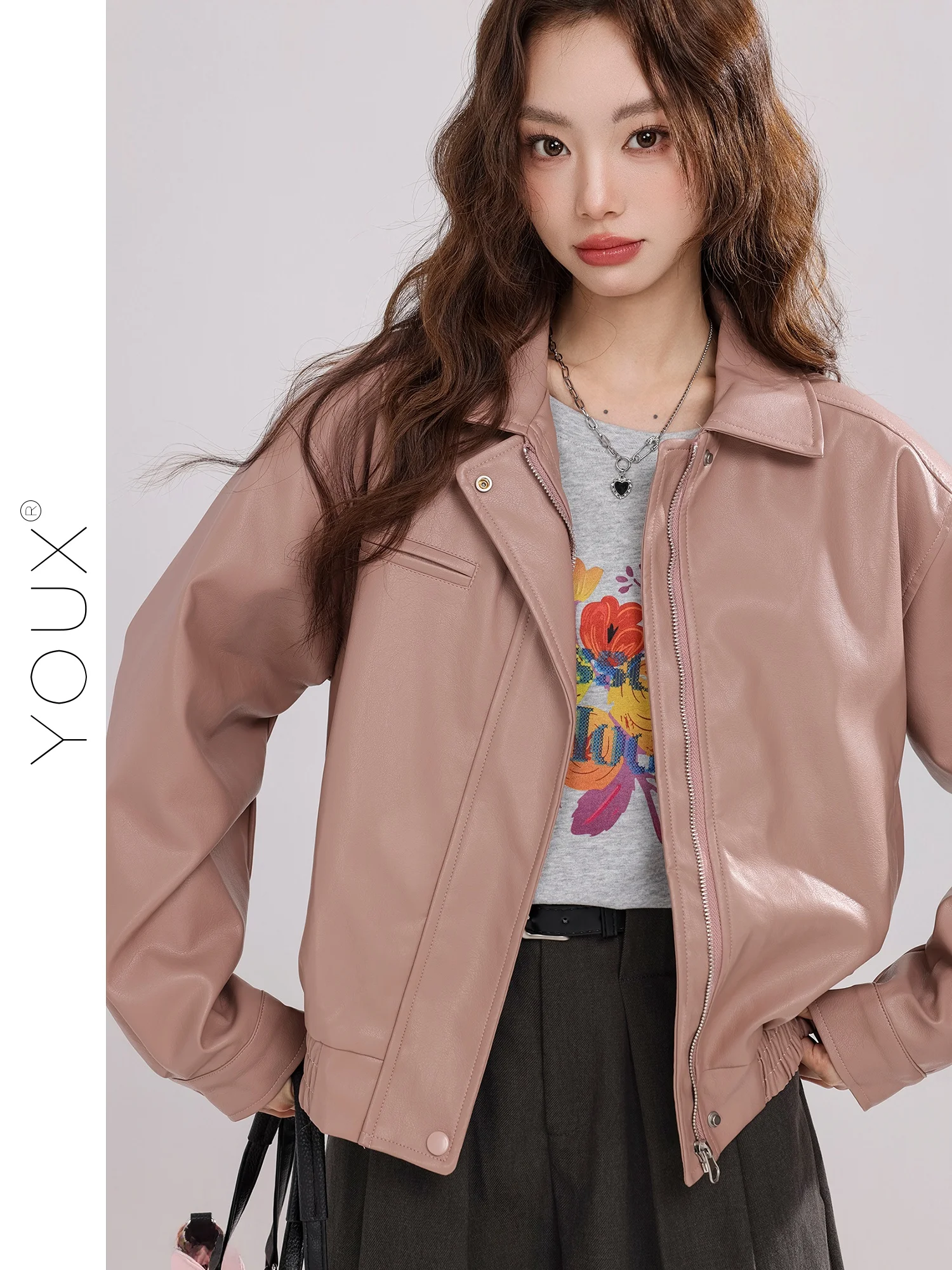 가을 신상 여성 루즈핏 폴로 칼라 가죽 재킷 레트로 아메리칸 다용도 탑 PU 가죽 긴팔 지퍼 코트