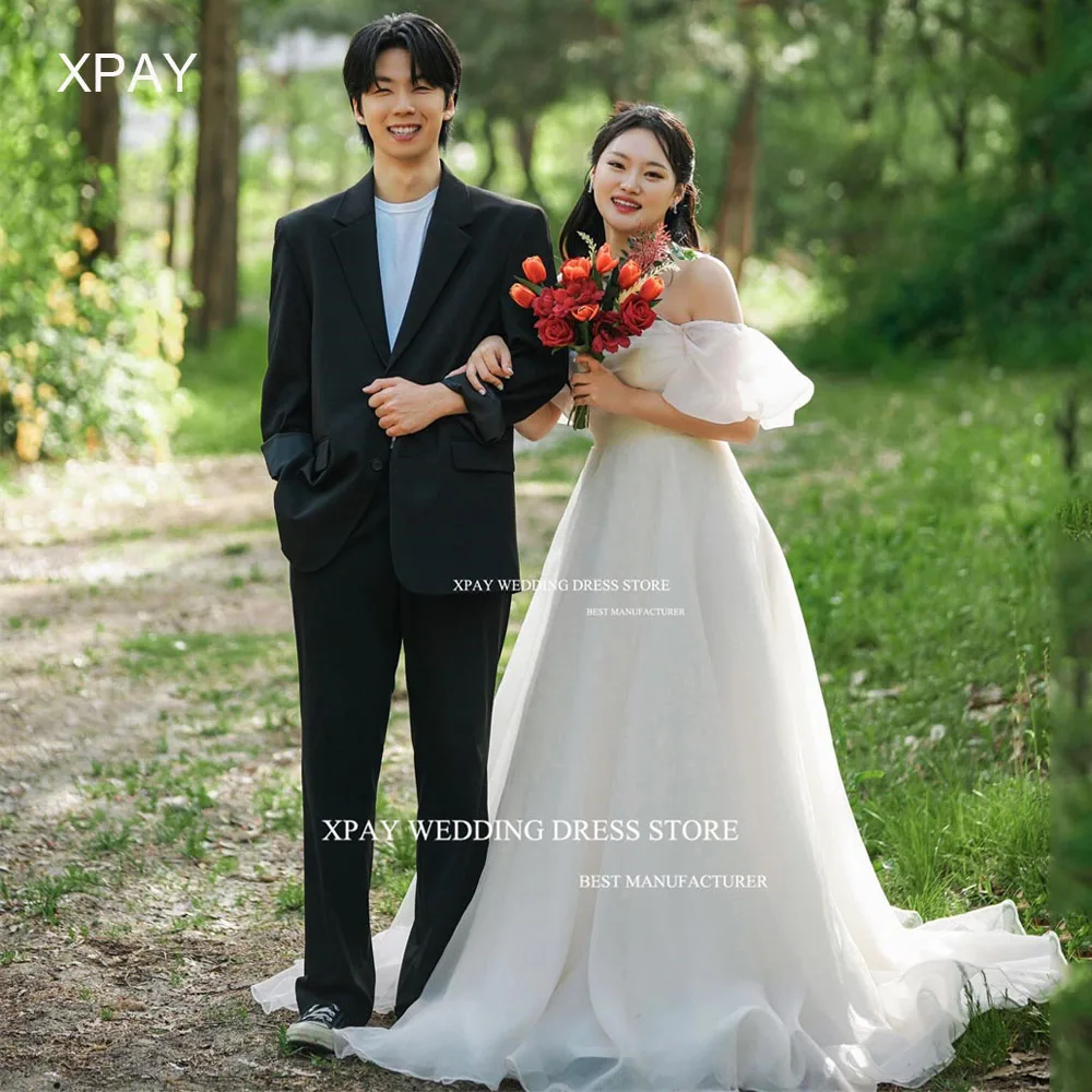 

XPAY Princess Sweetheart Korea Wedding Dresses Organza Off Shoulder Backless Bridal Dress Photo Shoot Short Sleeve Bridal Gown