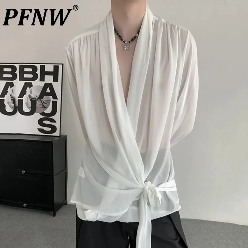 

PFNW Chinese Style Men's Shirts Handover Collar Lace-up Organza Long Sleeve Solid Color Male Tops New Niche Design Autumn 12C876