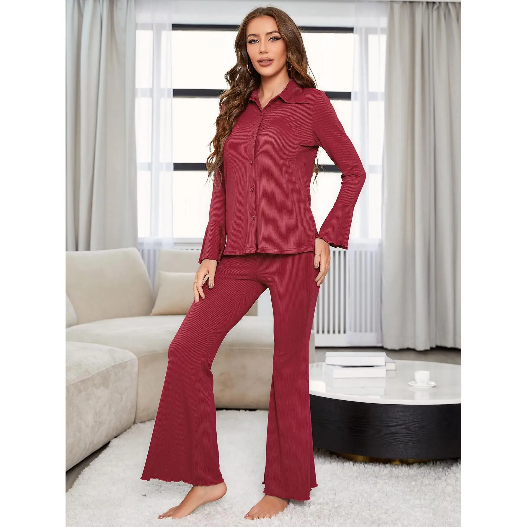 New Women's Pajama Set for Autumn and Winter Red Thread Long Sleeve Loungewear 2 Piece Set Sleepwear for Sleeping Women