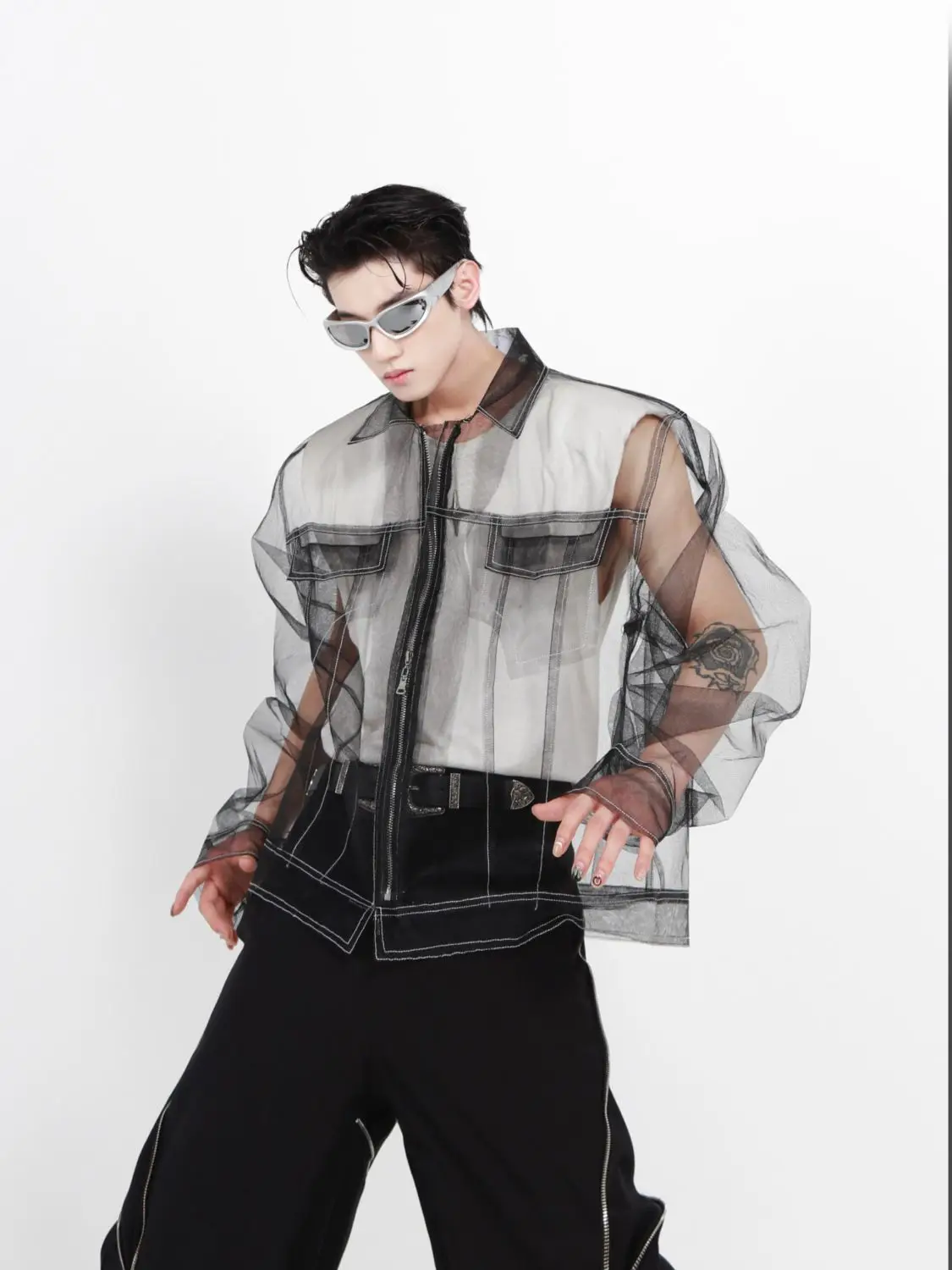 

Men's Translucent Sunscreen Jacket Spring and Summer Niche Mesh Design Sense Shirt High-grade Punk Fried Street Long Sleeve Top