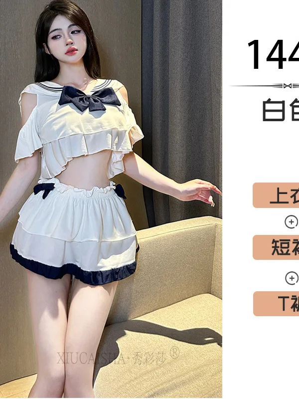 Lingerie Sexy Campus Pure Desire Student Uniform Small Chest Sailor Suit Sets White V-neck Top Skin Friendly Fabric Comfort GY4Z