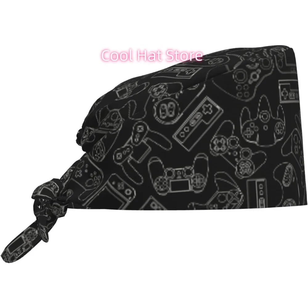 Black Video Game Working Cap Scrub Cap with Sweatband Adjustable Unisex Women Tie Back Hat Nurse Caps