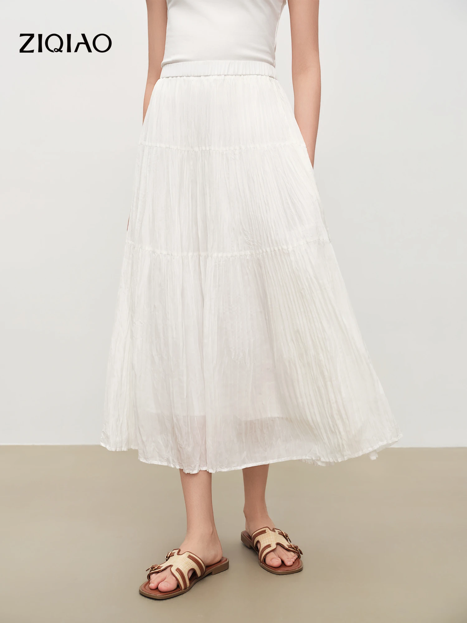 

ZIQIAO 2026 Summer Women's Pleated Textured White Layered Midi Skirt, A-Line Flowy Maxi Skirt for Cloudy Fluffy Aesthetic Style