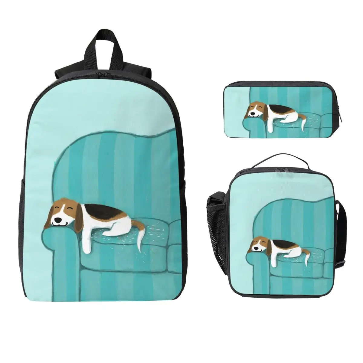 

Happy Couch Dog Cute Beagle Backpack Student Boys Girls BookBag School Bag Shoulder Bags 3ps Insulated Lunch Bag Pencil Case