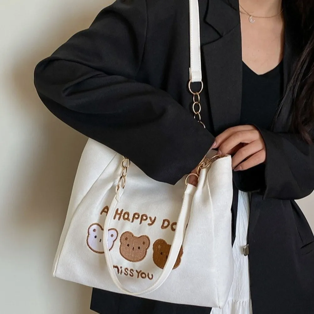 

Простая сумка через плечо с принтом медведя, большая вместительная однотонная сумка-тоут с героями мультфильмов, легкая универсальная холщовая сумка для женщин
