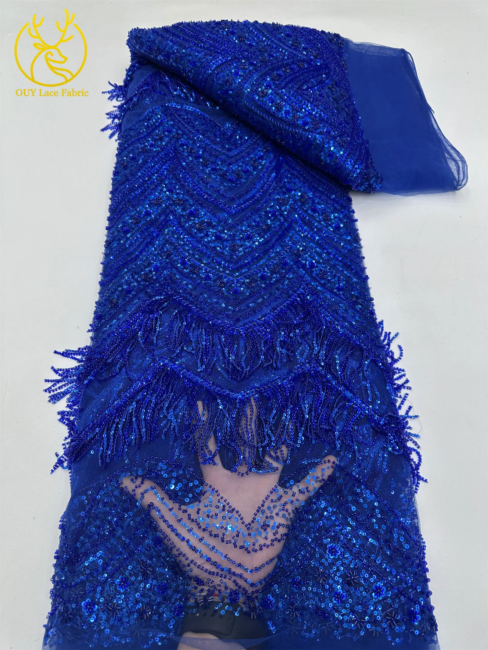 Hochwertiger 3D-Quasten-Perlen-Spitzenstoff, goldfarbener afrikanischer Perlen-Pailletten-Spitzenstoff, französische Tüllspitze für Hochzeitskleider, 5 Yards – Detail 21