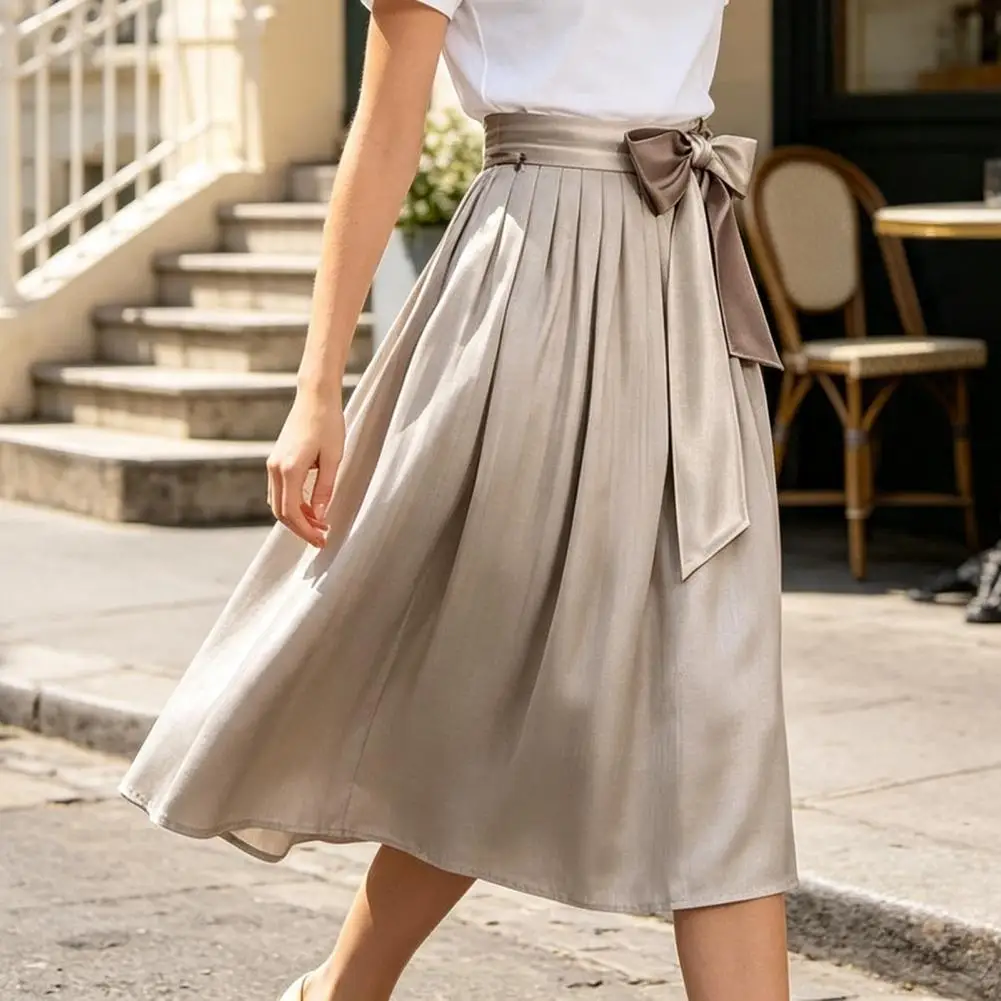 Lightweight Satin Midi Skirt High Rise Pleated Design With Elegant Waist Bow For Oktoberfest And Holiday Outing