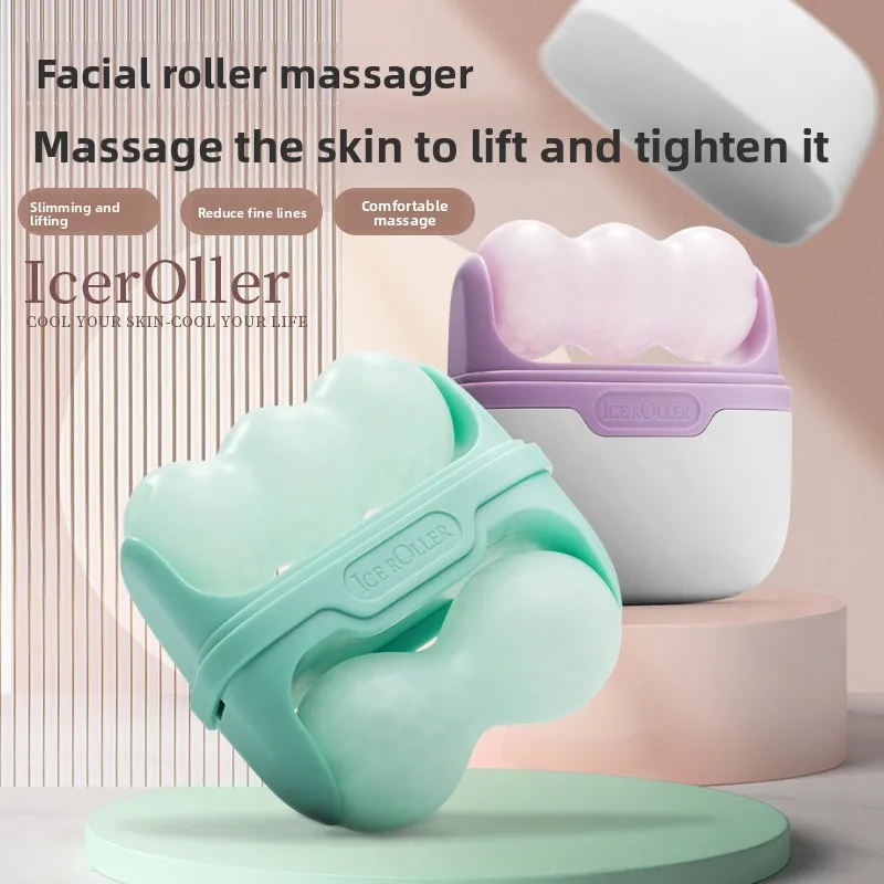 جهاز تدليك الوجه المزدوج على شكل آيس رولر، أداة تبريد ومهدئة للعناية بالبشرة، كرة صغيرة برأسين للعناية بالانتفاخ والمسام