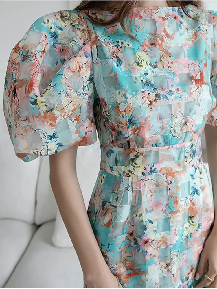 Elegant Party Dress Summer Fashion Organza Watercolor Printing Simple O-Neck Puff Sleeve High Waistline Temperament Dress Women