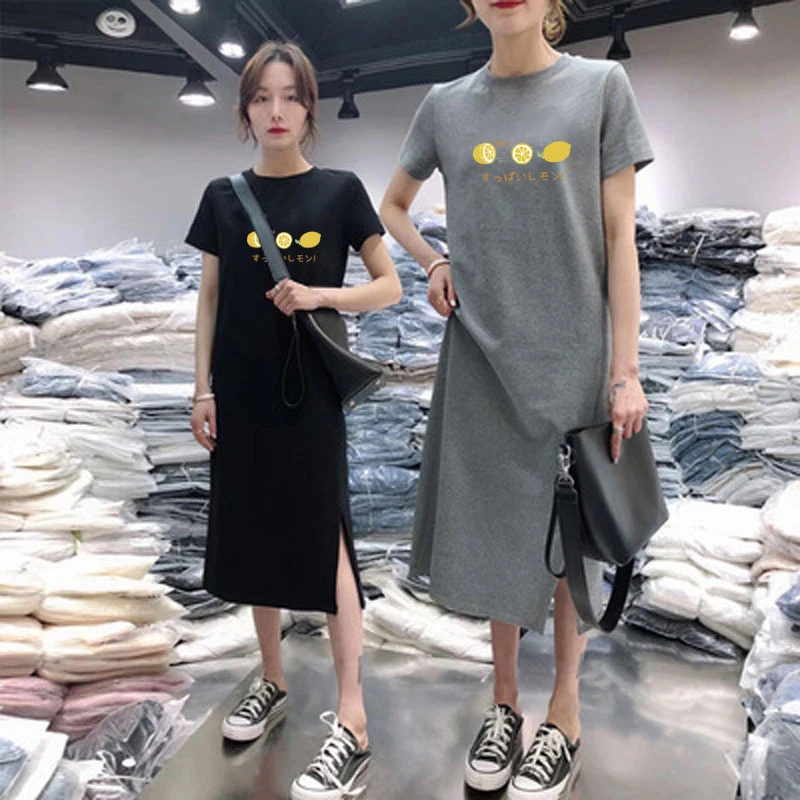 2022 Summer Woman Tshirtdress Fruit  Fashion Print Cute Vestidos De Mujer Casual O-Neck A-line Black Midi Dresses Women Clothing