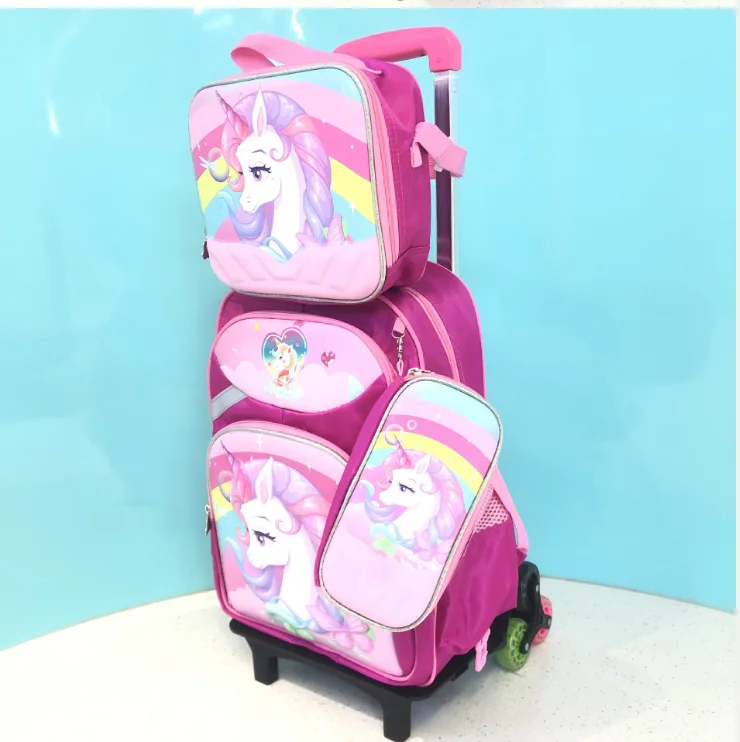 School Kids Rolling Backpack for Girls With Wheels with lunch bag pen bag School Trolley Wheeled Backpacks for girls Rolling Bag