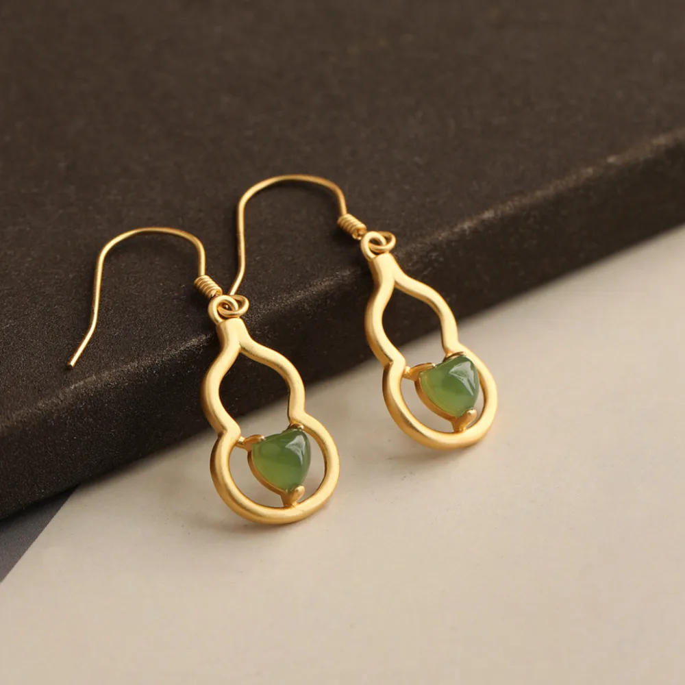 

Серьги GL Cheongsam Hanfu с натуральным нефритом, позолоченные серебром 925 пробы, в форме тыквы с нефритовыми вставками