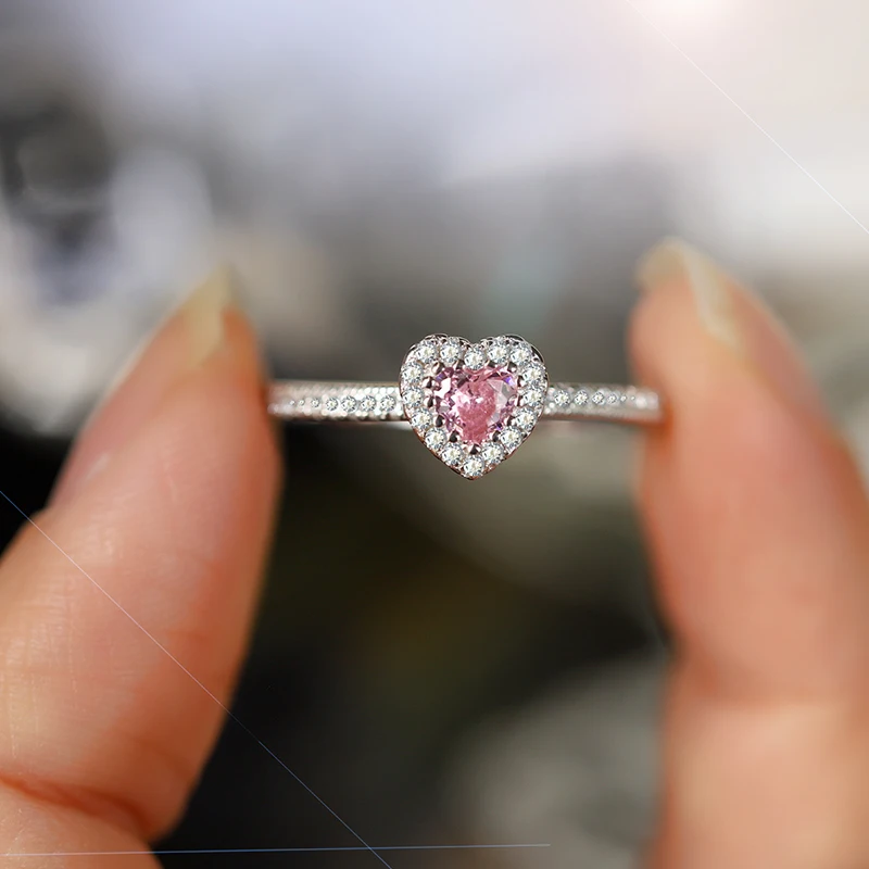 Luxury Fashion Authentic S925 Silver Love Pink Diamond Proposal Engagement Geometric Jewelry Ring for Women
