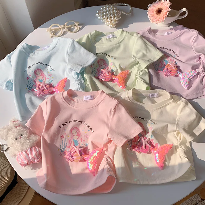 2-10T Mermaid Print Girls T Shirt Summer Tee Top Toddler Kid Baby Girl Clothes Short Sleeve Cute Sweet Tshirt Infant Outfit