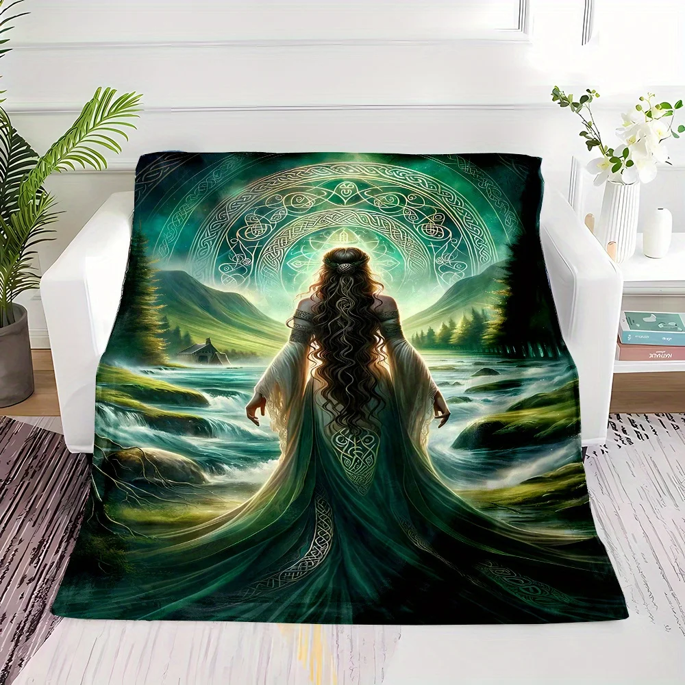 Celtic Mother Goddess Danu Print Flannel Throw Blanket - Mixed Color, Non-Woven Polyester, Digital Printing, Lightweight, All-Se