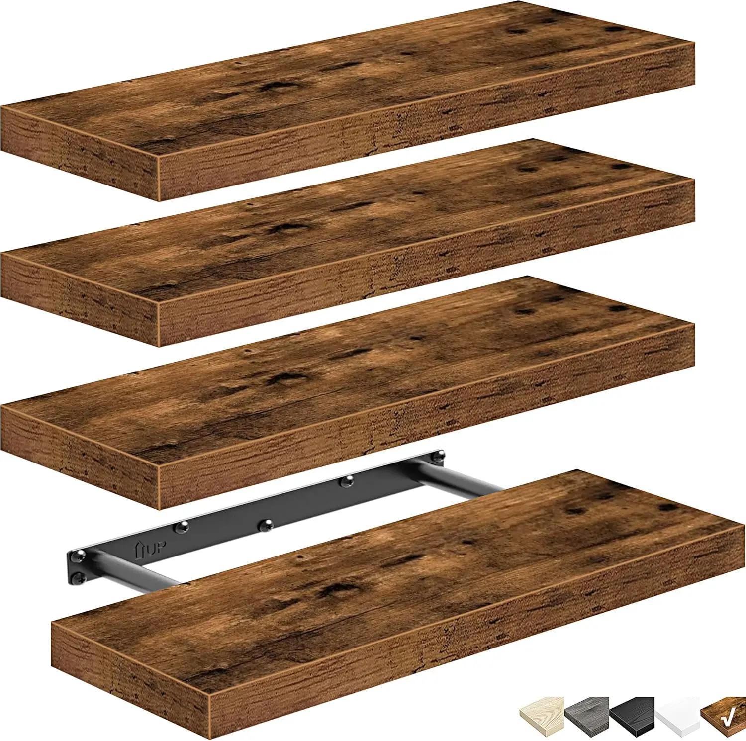 

Set of 4 Floating Shelves for Wall, Brown Farmhouse Style, 16 Inch Bathroom Kitchen Bedroom Storage