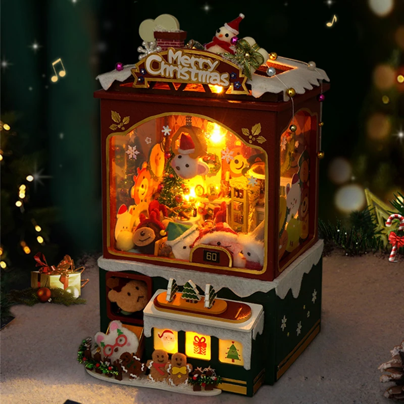 DIY Wooden Casa Dollhouse Kits Christmas Doll Machine Music Box Miniature Snowman Assembled Doll House for Friend Birthday Gifts