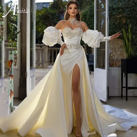 Ivory Pleated Sweetheart Mermaid Wedding Dresses customized Bubble Sleeves Side High Slit Princess Bridal Gowns Vestido De Novia