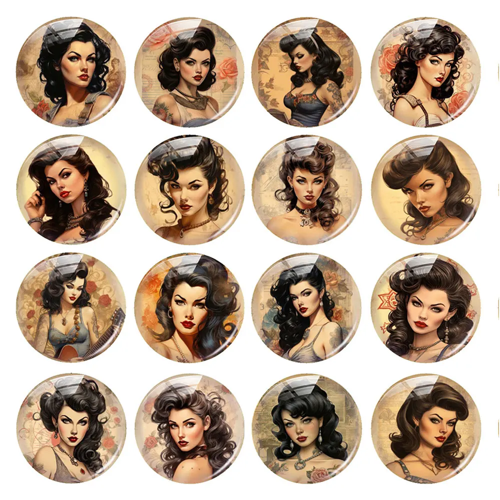 Random Mixed Round/Oval/Square Vintage Tattooed Lady Girl Flower Photo Glass Cabochon Flatback Demo Cameo For Diy Jewelry Making