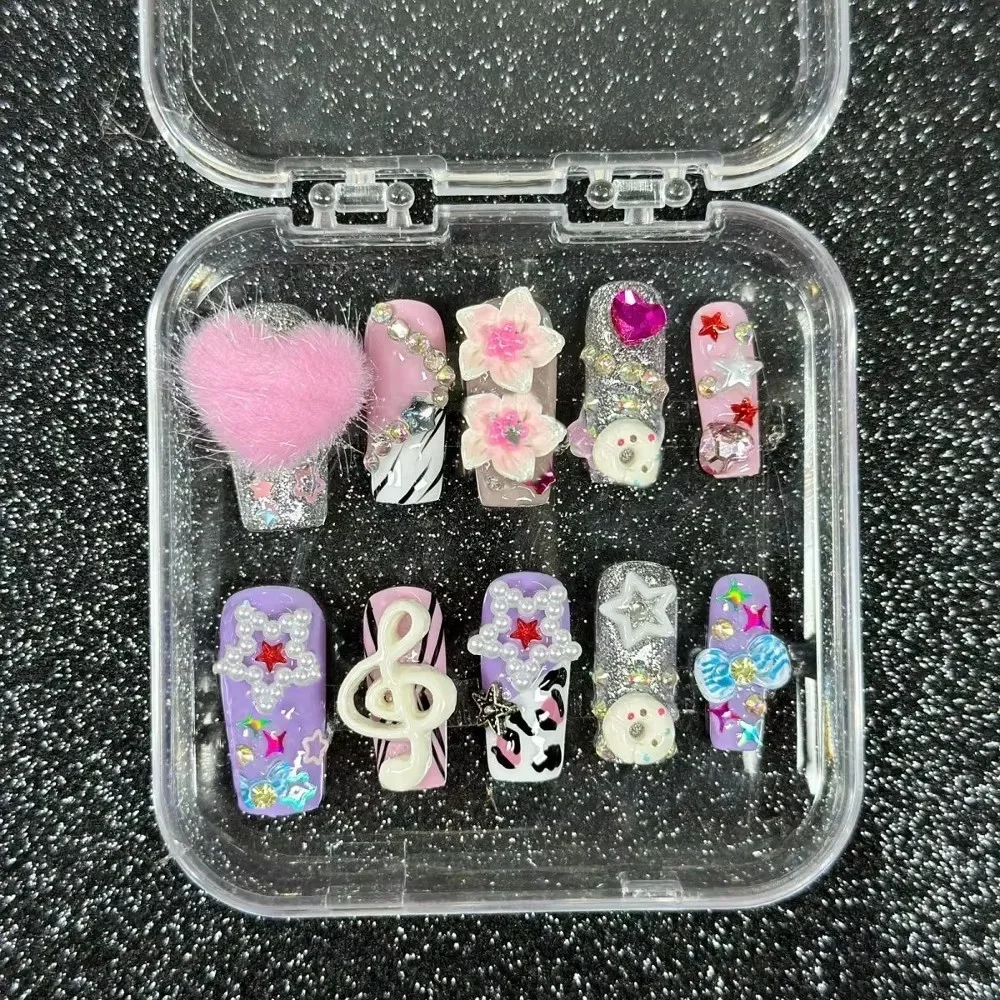 10Pcs Kawaii Cartoon Long Coffin French Full Cover Nail Sweet Cool 3D Bow Five-Pointed Star Pure Handmade Fake Nails Gift