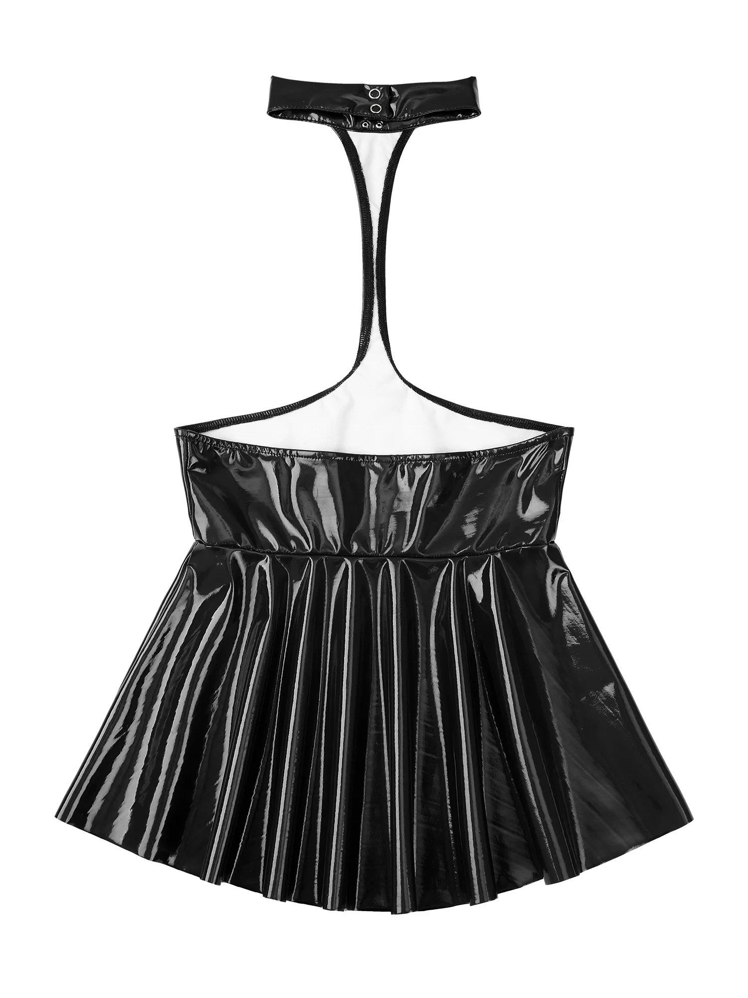 Womens Halter Open Chest Ruffled Dress Wet Look Patent Leather Mini Pleated Dress Sexy Backless Dress Lingerie Rave Nightwear