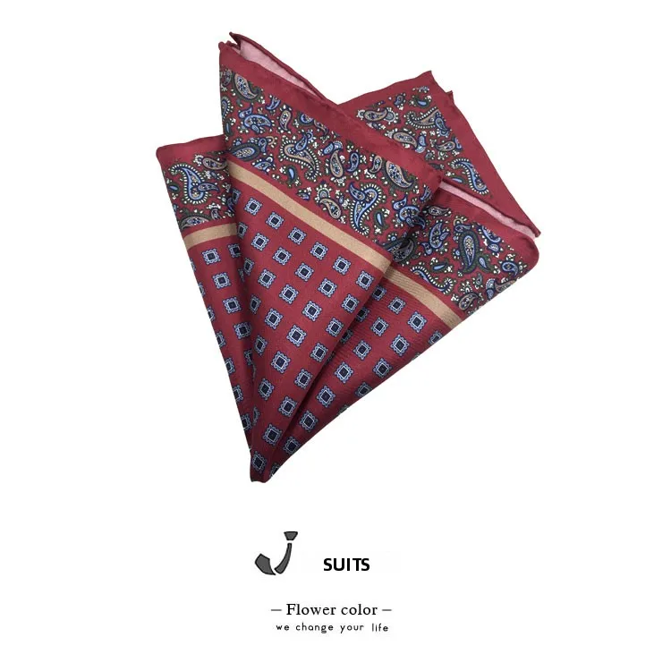 メンズシルクポケットチーフ、タイ、カフスボタン、ダークレッドレトロ柄、ウォルナットフラワー、ウェディンググルームアクセサリー、プリントシルクハンカチ