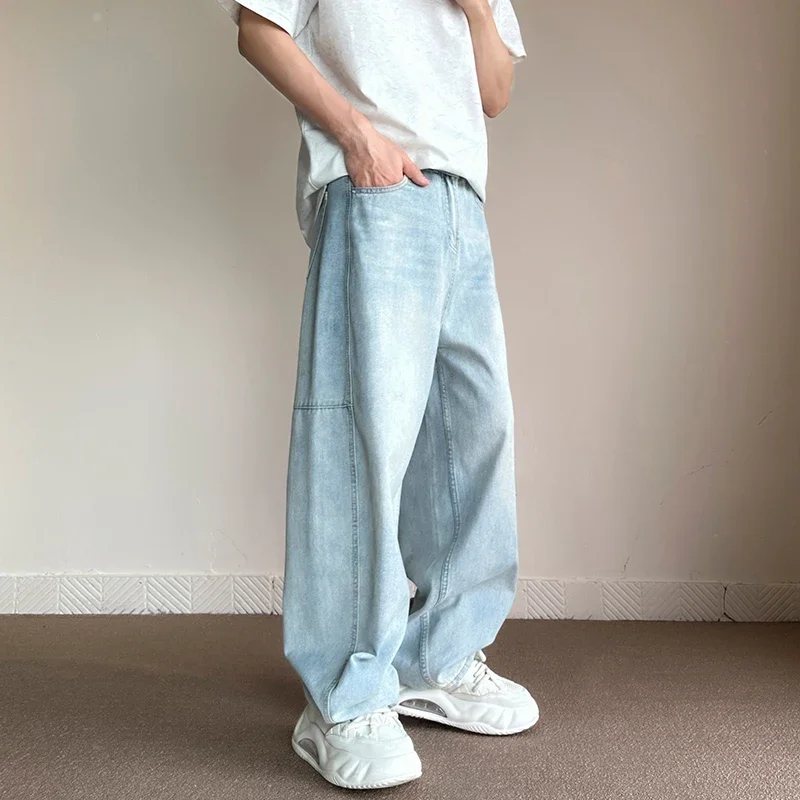 

Korean Fashion Men's Baggy Jeans Light Blue High Street Straight Wide Trousers Personalized Washed Pants Male