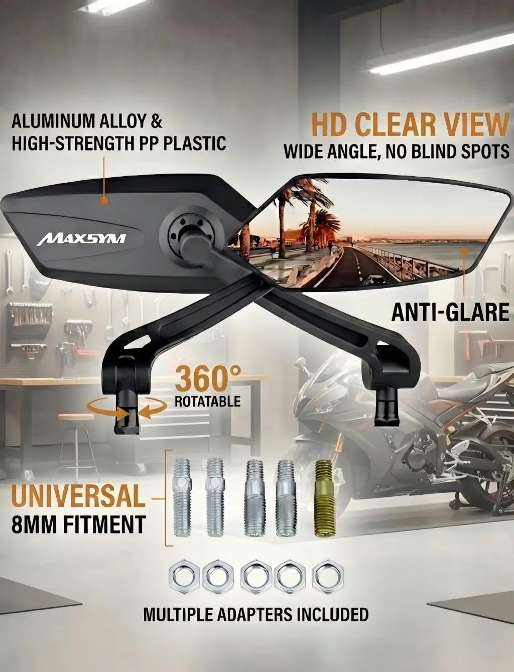 High-quality motorcycle rearview mirror with adjustable and rotatable function For SYM MAXSYM 400 MAXSYM400