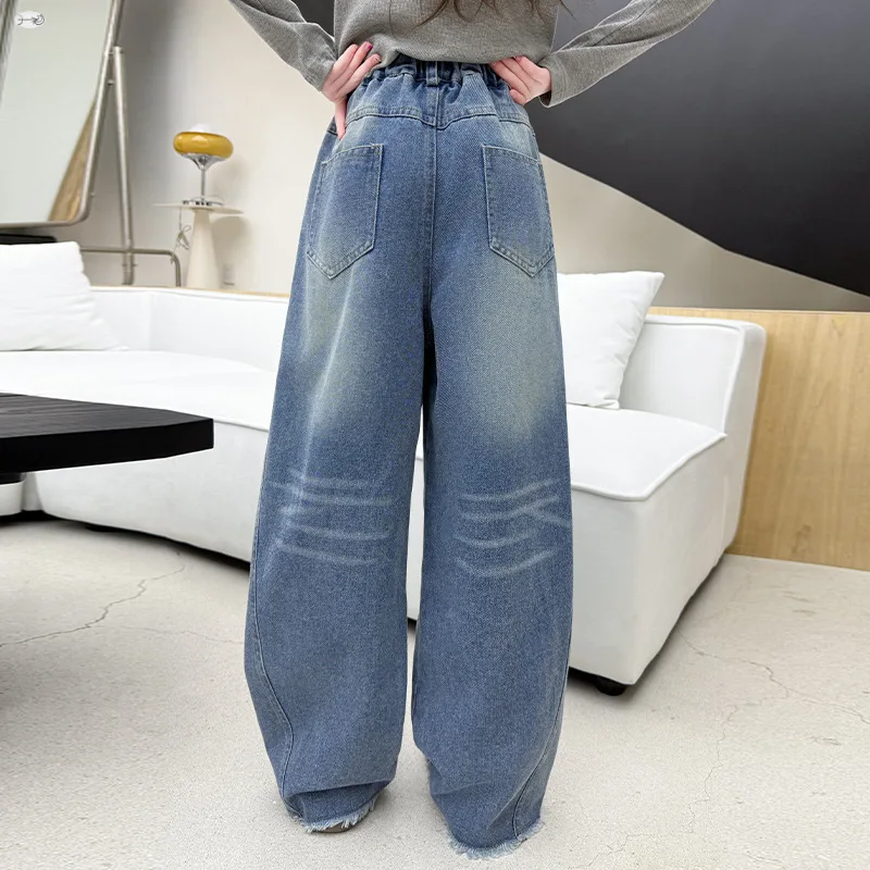 جديد الخريف الفتيات الجينز الأطفال محايد الكورية تنوعا فضفاض مستقيم الجانب الحرفية الخياطة الجينز بنطال أولادي