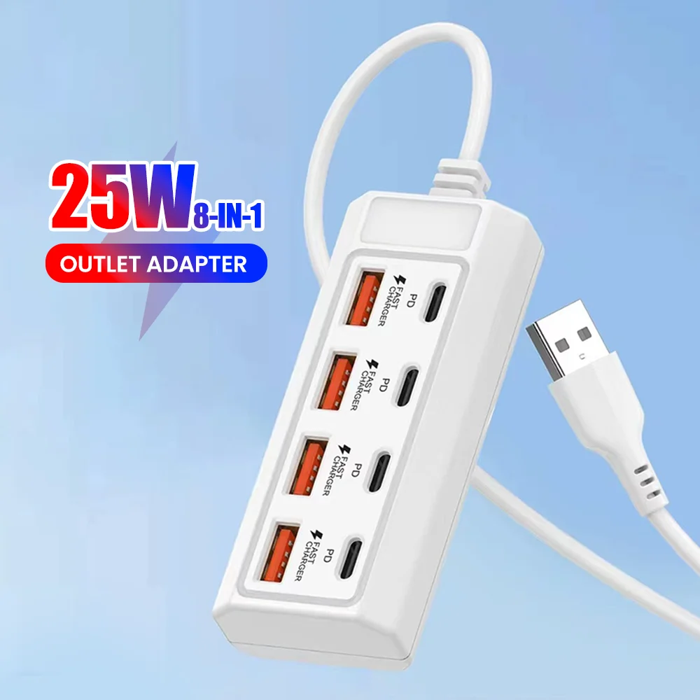 PD25W USB/Type-c 8-port charger strip USB2.0 converter socket expansion dock For Samsung Huawei Xiaomi tablet charging