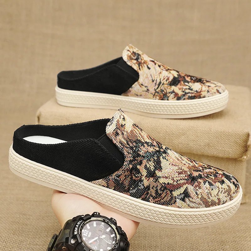 Half Shoes For Men Mules Canvas Slip On Flats Slippers Summer Backless Slippers Loafers 2025 Man Slides Mens Casual Shoes