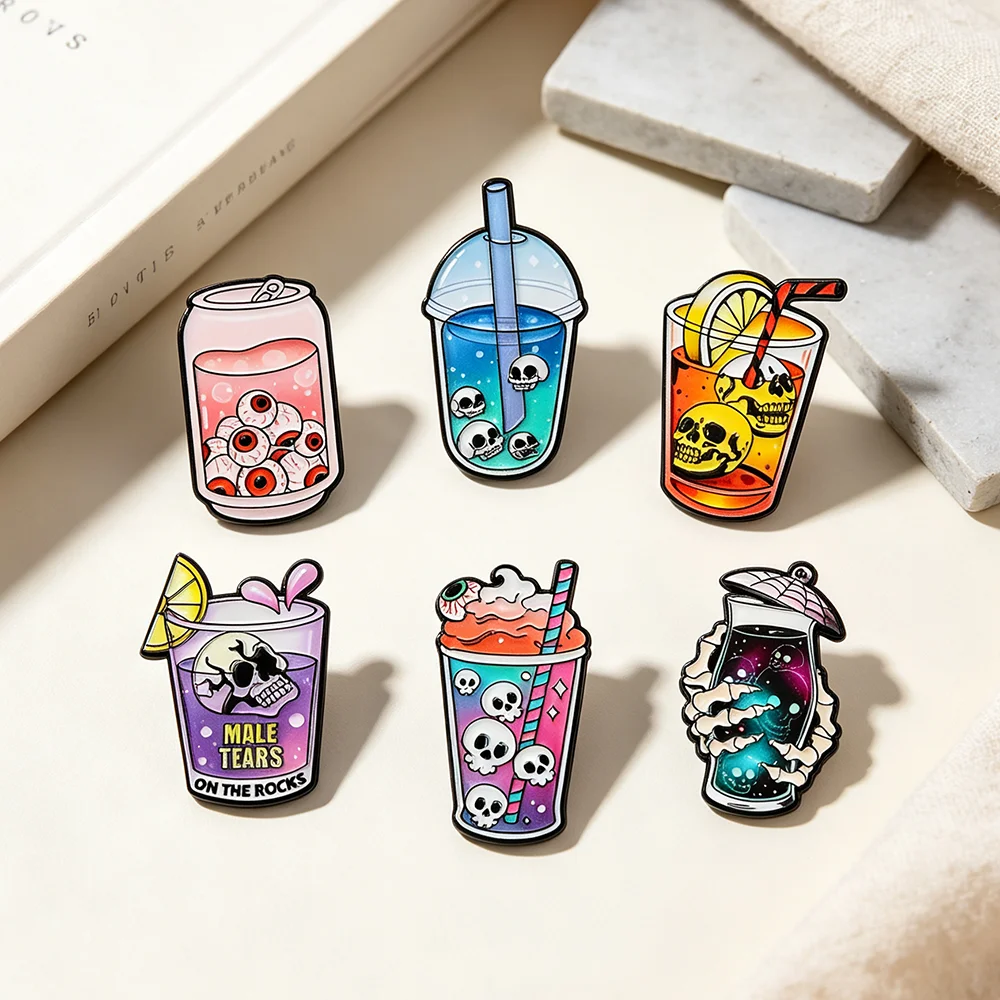 6pcs Cool Halloween Enamel Pin Collection Spooky Skull Eyeball Soda Milk Tea Cup Metal Brooches Gothic Accessories Gift